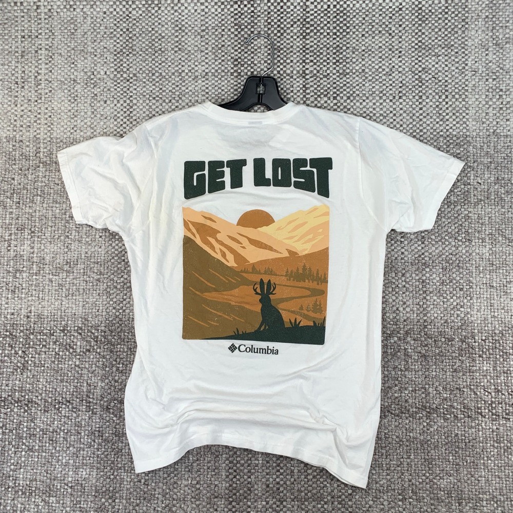 Columbia Graphic T-Shirt Mens Small White Get Lost Jackalope Mountain Tee